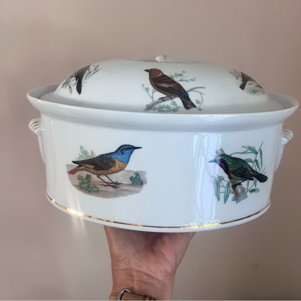 Vintage Louis Lourioux Le Faune birds covered terrine France Fireproof P…
